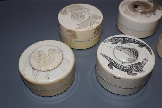 Six Japanese ivory drum shaped boxes, early 20th century,